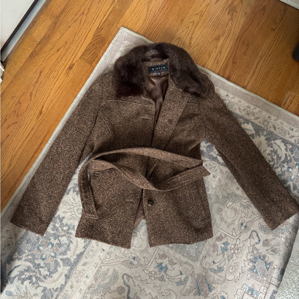M Vintage Giacca Brown Wool Blend Belted Coat with Faux Fur Trim